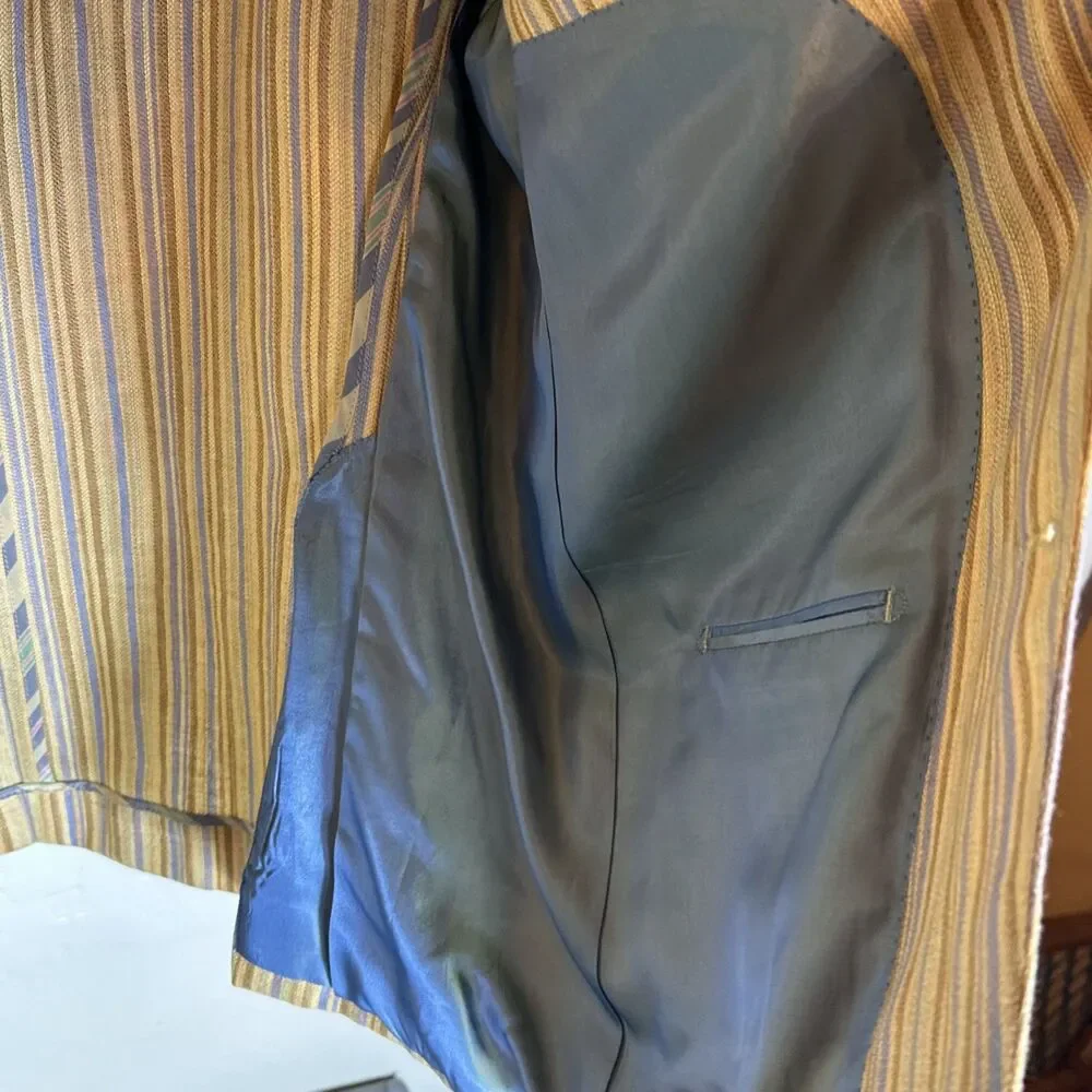 Ibiza 44R Linen And Wool Sport Jacket Golden Striped Blue Samba Mediterranean